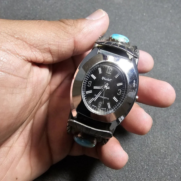 Sterling Silver And Turquoise Navajo Native American Watch Cuff Signed TJV Heavy - Picture 3 of 12